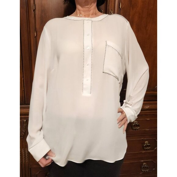 Lane Bryant Lng Slv Chiffon Blouse Pocket White w/ Black Whip Stitching Sz 18/20 - Picture 5 of 12